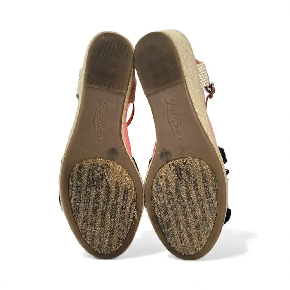 LUCKY BRAND Black Canvas & Jute Open Toe Wedges 9 Coastal Boho Neutral Twee